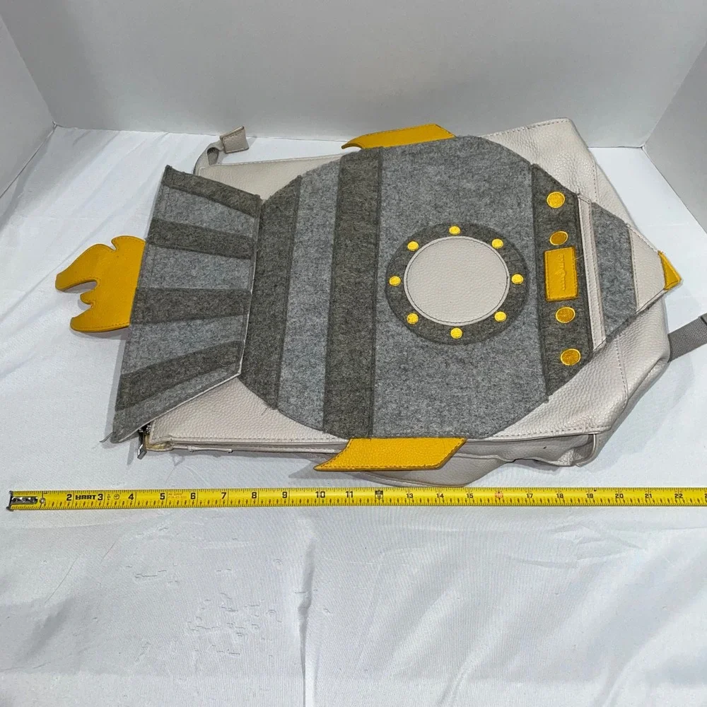 Coco Village Rocket Ship Backpack Grey Yellow Faux Leather Felt Space Bag